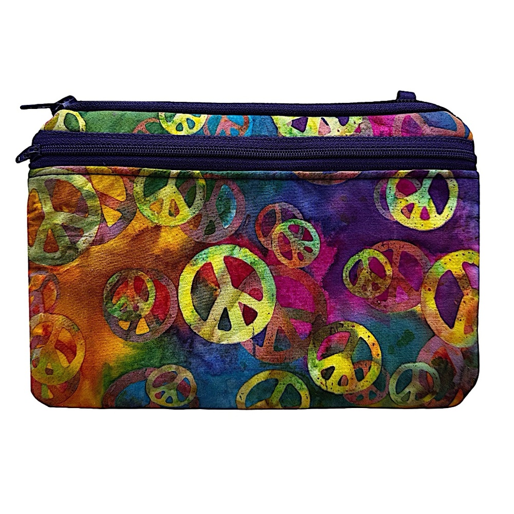 Hand Dyed Fabric Travel Cosmetic Tote Case Pouch Clutch 8”x 6” Peace Love Print